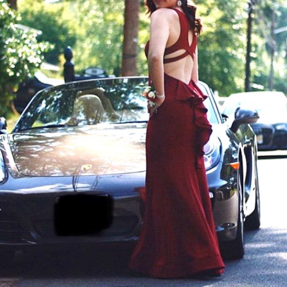 Sequin Hearts Red Backless Ruffle CrissCross Prom